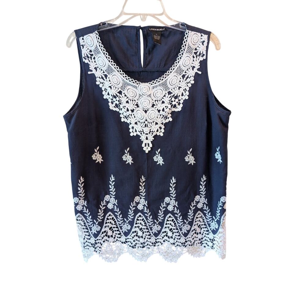 Lauren Michelle Women's Shirt Dark Blue White Lace Size Large Tank Top